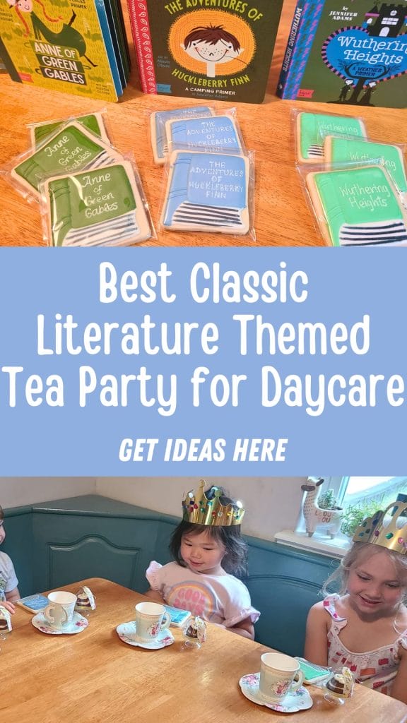 The classic literature-themed tea party featured book-shaped cookies and children wearing crowns, all smiling around a beautifully set table.