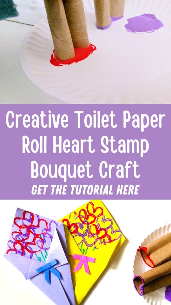 Craft tutorial showcasing a DIY heart stamp made from toilet paper rolls, perfect for creating a vibrant bouquet of colorful flower shapes on paper.