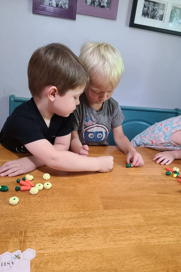 Two children at a wooden table sort small, colorful toy vegetables as part of their lesson plan on Native American agriculture, while another child partially visible sits beside them.