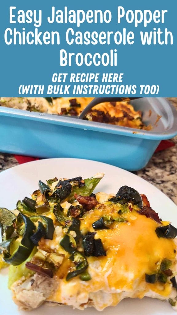 A close-up of the jalapeno popper chicken casserole with broccoli, topped with melted cheese in a blue dish, showcases its savory delight, while a serving is elegantly presented on a plate in the foreground.