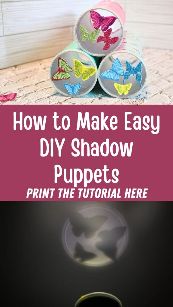 DIY Shadow Puppets tutorial image featuring vibrant paper butterflies and a captivating demonstration of shadow projection.