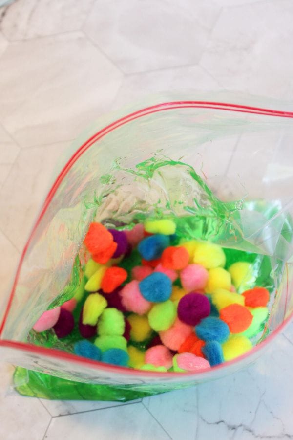 A clear plastic bag, transformed into a caterpillar sensory bag, is filled with colorful pom-poms on a white surface.