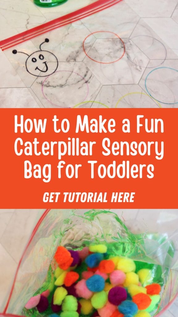 Create a vibrant Caterpillar Sensory Bag by mixing colorful pom-poms in a clear sensory sack, complete with a cheerful caterpillar face. Discover the playful joy for toddlers—get the tutorial here!.