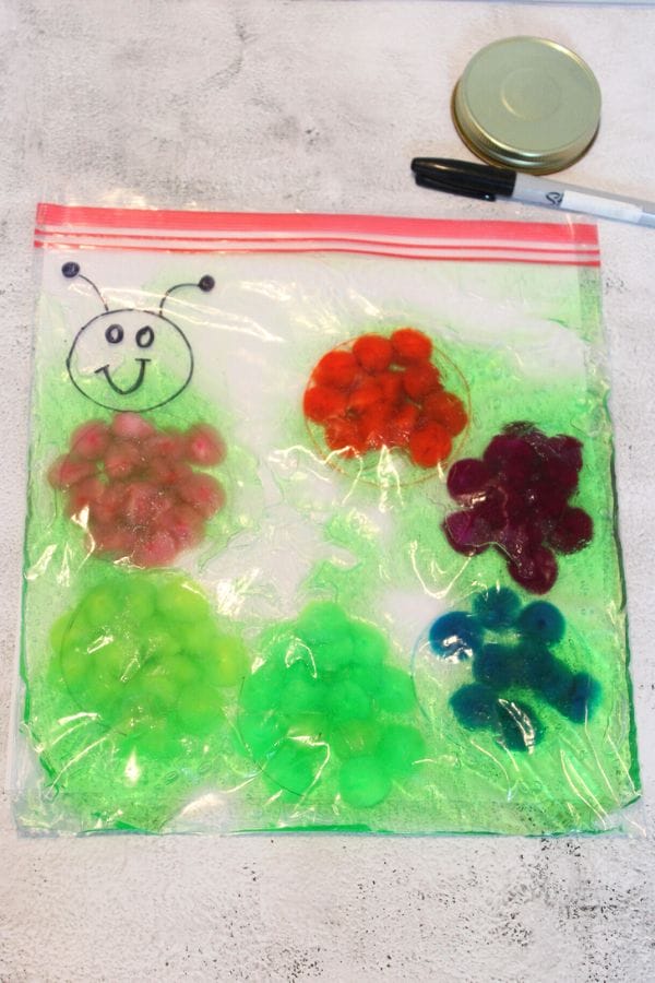 A resealable plastic bag, labeled "Caterpillar Sensory Bag," holds colorful gel clumps. A smiley face is drawn in black marker on the upper left corner of the bag. Nearby, a jar lid and a marker lie ready for creativity.