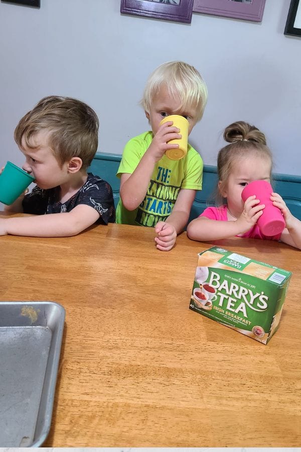 Three children sit at a table, each drinking from colorful cups, while a box of Barry's Tea rests nearby. It's as if they're part of an engaging lesson plan on Irish culture, savoring the everyday traditions of Ireland in their own little way.