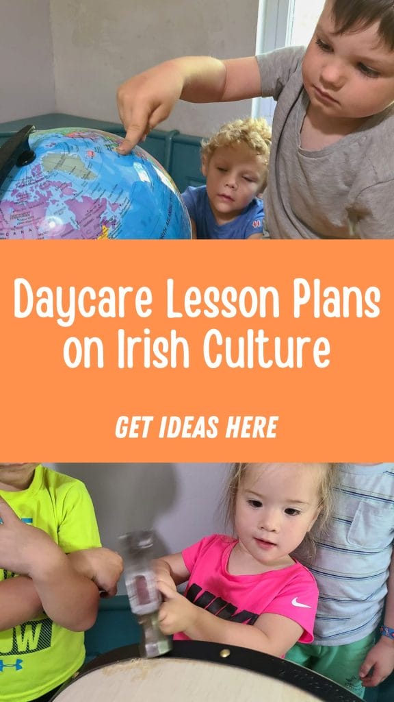 Children eagerly study a globe, carefully hammering nails as part of their lesson plans on Irish culture. Text reads: "Daycare Lesson Plans on Irish Culture - Get Ideas Here.