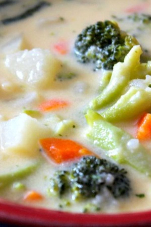 Close-up of a creamy vegetable soup, perfect for broccoli recipes for kids, featuring visible pieces of broccoli, carrots, and potatoes in a luscious broth.
