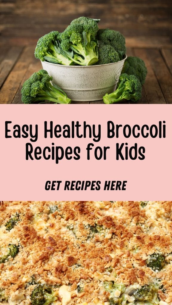 A basket of fresh broccoli sits on the table, accompanied by a delicious baked dish. The text "Easy Broccoli Recipes for Kids" floats above, inviting young chefs to explore healthy culinary adventures.