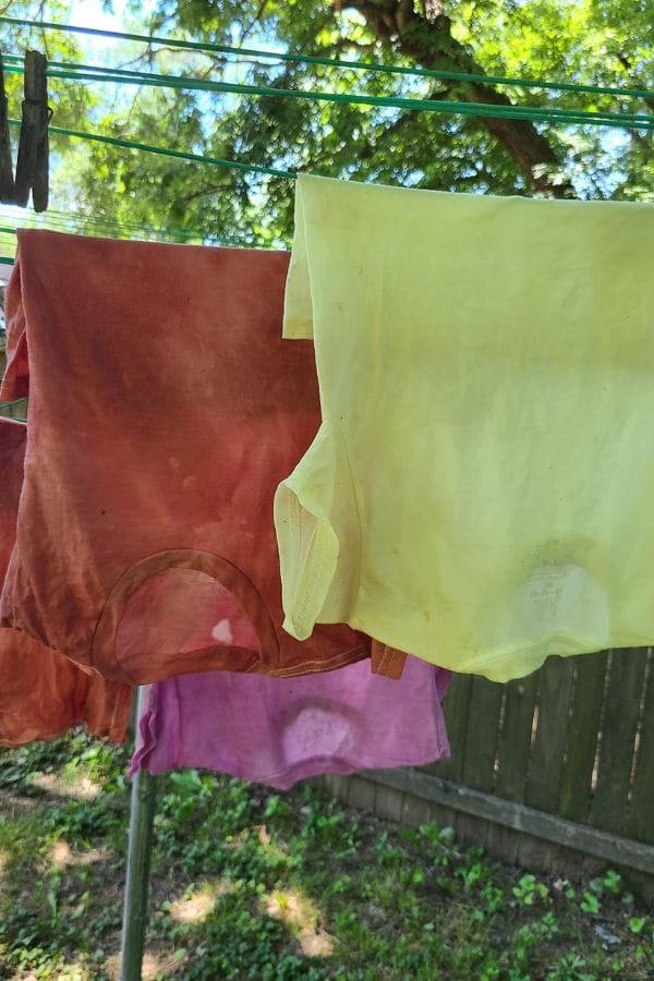 Colorful shirts, dyed with natural hues, sway gently on a clothesline outdoors, framed by lush green trees and a rustic wooden fence in the background.