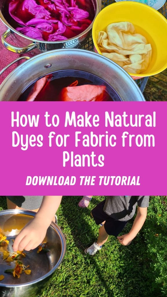 Person handling a pot with flower petals while adjacent pots hold fabric in the natural dyeing process. Text overlay: "How to Create Natural Dyes for Fabric from Plants. Download the Tutorial.