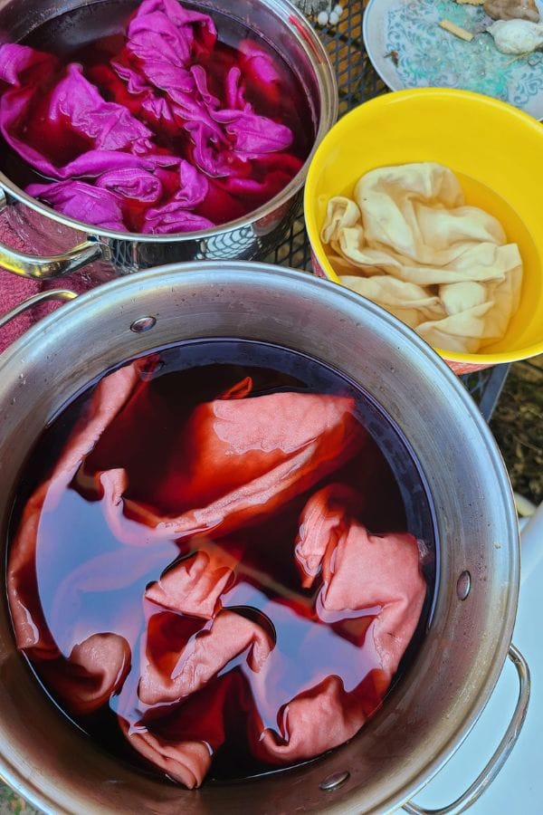 Three pots with natural dyes in progress: one with vibrant red, another with soft pink, and the last with sunny yellow. Fabrics are soaking in colorful liquids.