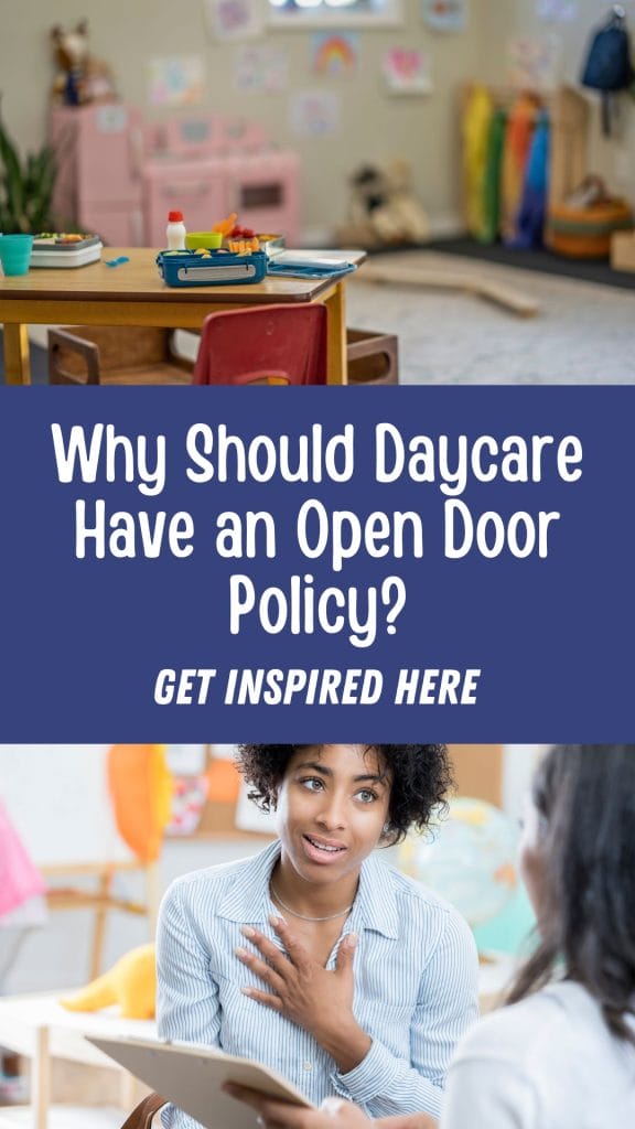 Daycare classroom filled with toys and books, showcasing the headline: "Why Should Daycare Embrace an Open Door Policy? Get Inspired Here" and a woman engaging in conversation below the text.