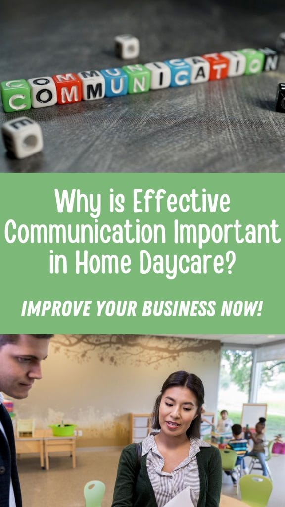 Text about the vital role of effective communication in home daycare is illustrated by images of letter blocks spelling "Communication" and a teacher engaging warmly with children.