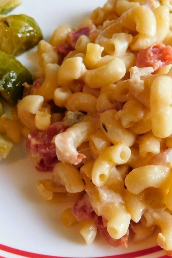 A plate of macaroni and cheese with diced tomatoes, alongside roasted Brussels sprouts, evokes the comfort of simple tuna casserole recipes.