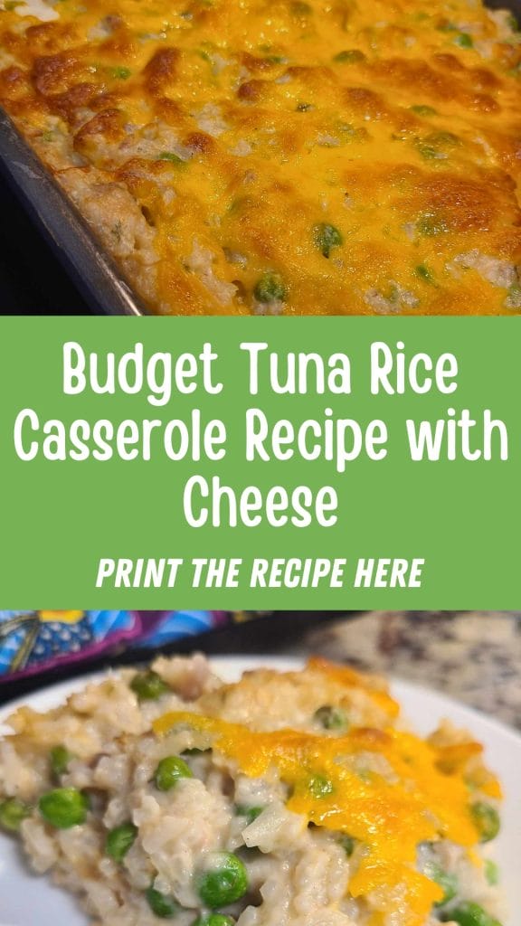 A close-up of a scrumptious tuna rice casserole with cheese melting on top, accompanied by a text overlay reading "Budget-Friendly Tuna Rice Casserole Recipe.