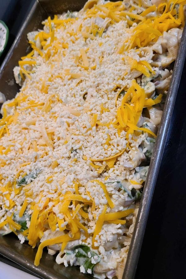 An unbaked casserole in a rectangular pan, featuring a delightful blend of sour cream and onion tuna, topped with shredded cheese and breadcrumbs.