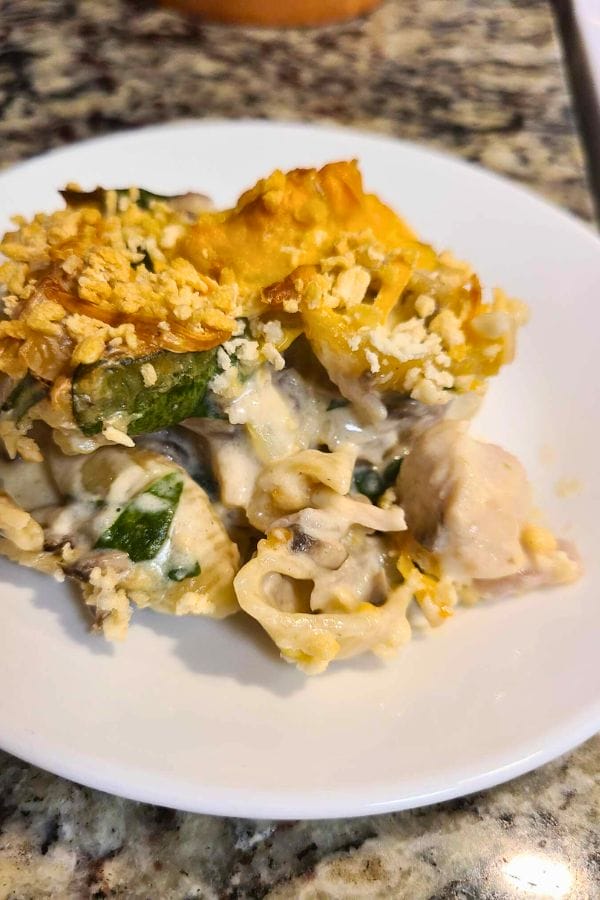 A serving of creamy pasta bake with chicken and vegetables, topped with crispy breadcrumbs, on a white plate whispers hints of sour cream and onion tuna for an unexpected twist.