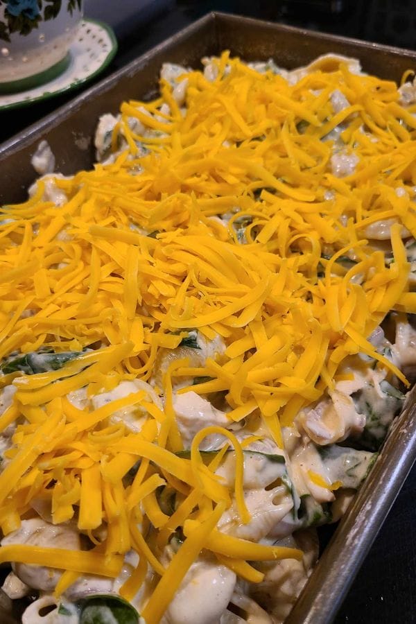 A baking dish filled with a savory casserole mix of pasta, spinach, and white sauce, enhanced with sour cream and onion tuna, then topped with shredded cheddar cheese.