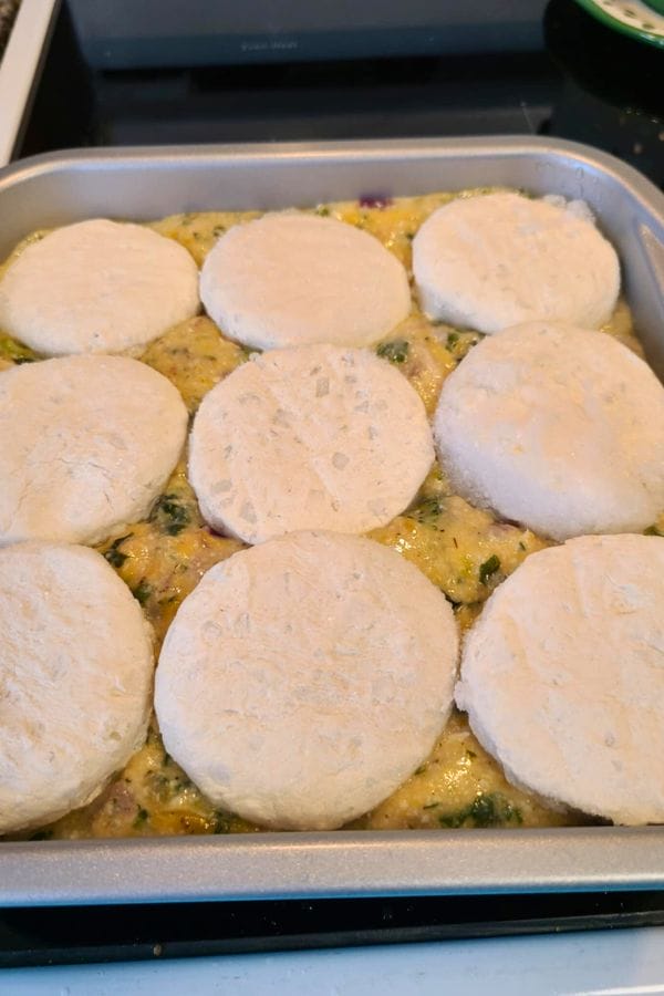 Unbaked biscuits nestled atop a savory tuna mixture in a square baking pan, ready for the oven.