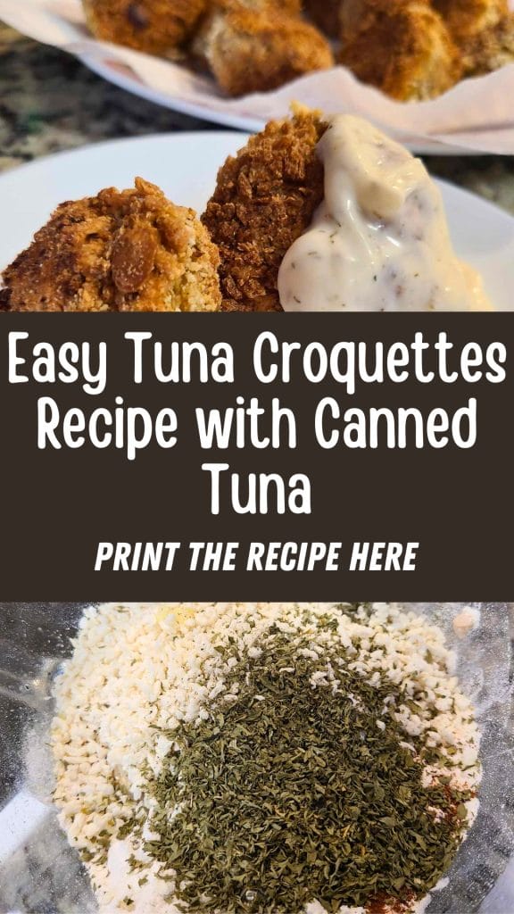 Plated tuna croquettes with sauce sit beneath a title reading "Easy Tuna Croquettes Recipe with Canned Tuna," complemented by a mix of breadcrumbs and herbs.