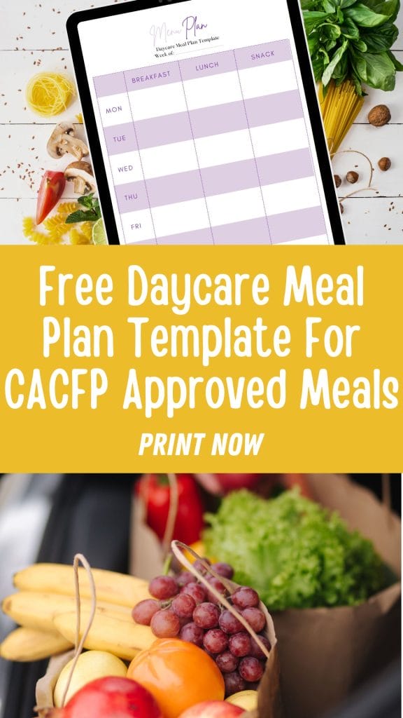 A tablet showcasing a weekly meal plan sits beside fresh fruits and vegetables, highlighting a free Daycare Meal Plan Template for CACFP-approved meals.