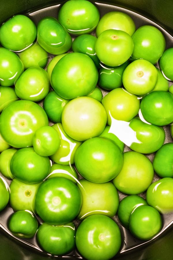A bowl filled with various sizes of green tomatoes submerged in water, perfect for inspiration if you're looking to grow tomatillos in containers.