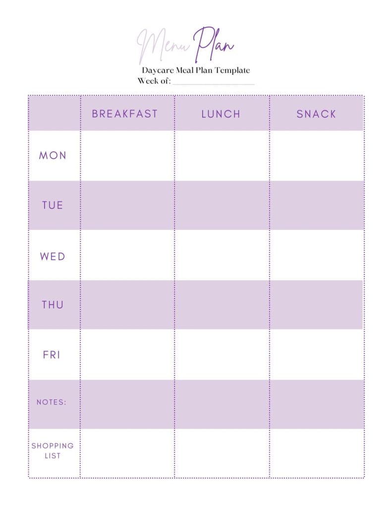 A daycare meal plan template with columns for breakfast, lunch, and snack across Monday to Friday. Includes sections for notes and a shopping list.