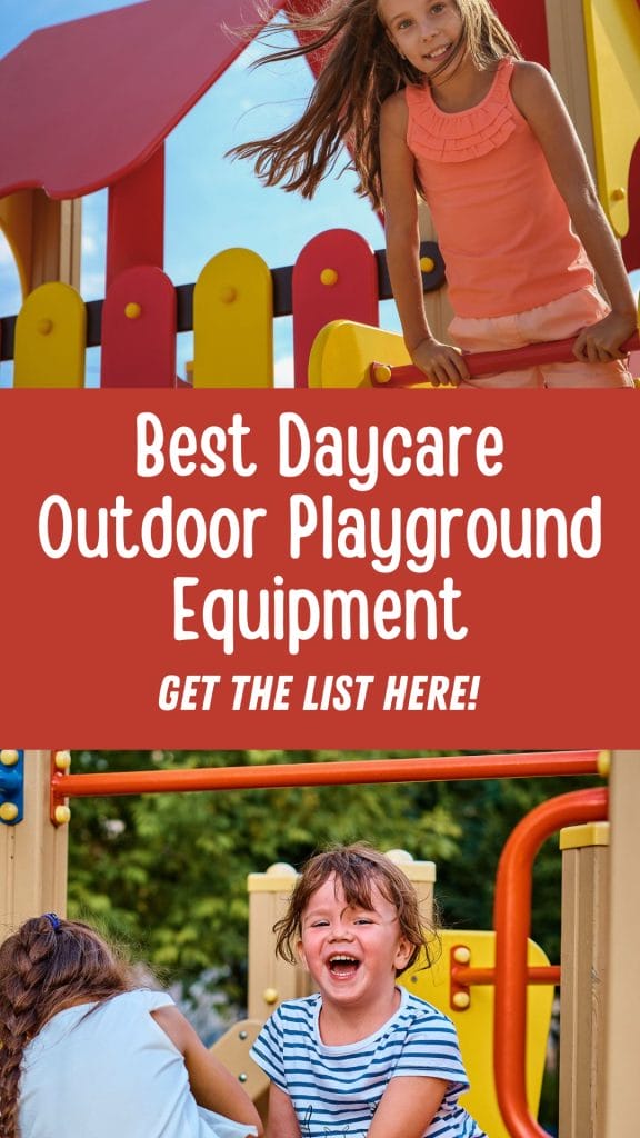 Children enjoying vibrant outdoor playground equipment, with a message highlighting the top daycare play essentials. Discover the best options and get the list today!.