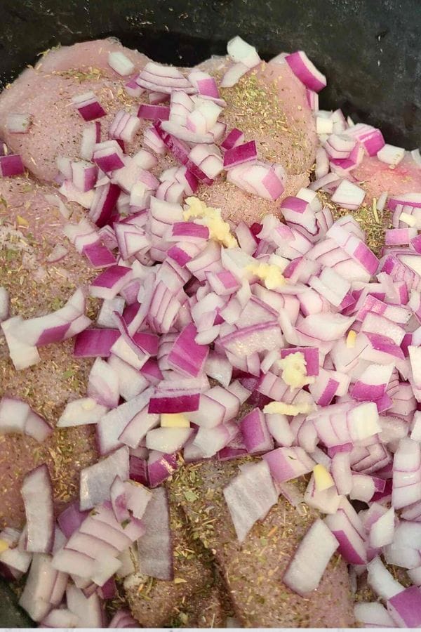 Raw chicken seasoned with spices, topped with chopped red onions and bits of garlic, is reminiscent of the savory notes in a classic Green Bean Chicken Casserole, all neatly arranged in a sleek black container.