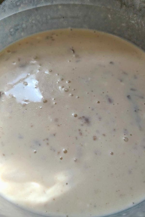 A creamy soup with small chunks and a few bubbles on the surface, reminiscent of a comforting Green Bean Chicken Casserole, simmering gently in a metal pot.