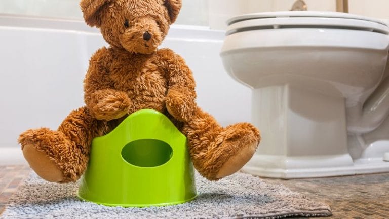 A teddy bear demonstrates how to potty train as it sits on a green potty seat on the bathroom floor next to a toilet.