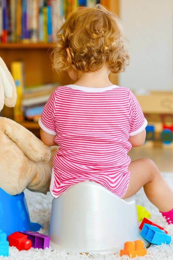 A toddler with curly hair sits on a potty, mastering the art of potty training in their red and white striped shirt. Colorful toys and a large stuffed animal surround them, while bookshelves filled with "How to Potty Train" guides stand proudly in the background.