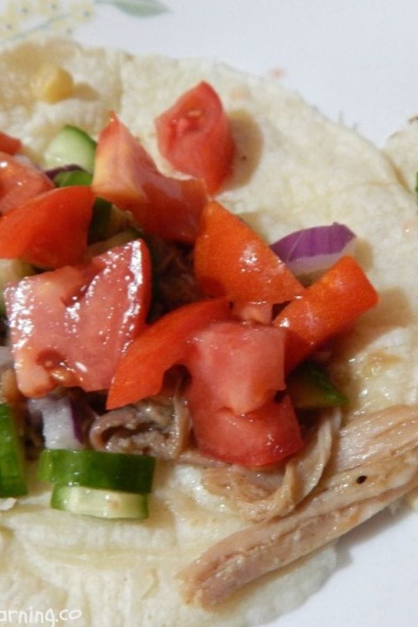 A close-up of a taco featuring tender leftover pork butt, complemented by diced tomatoes, cucumbers, and red onions on a soft tortilla.