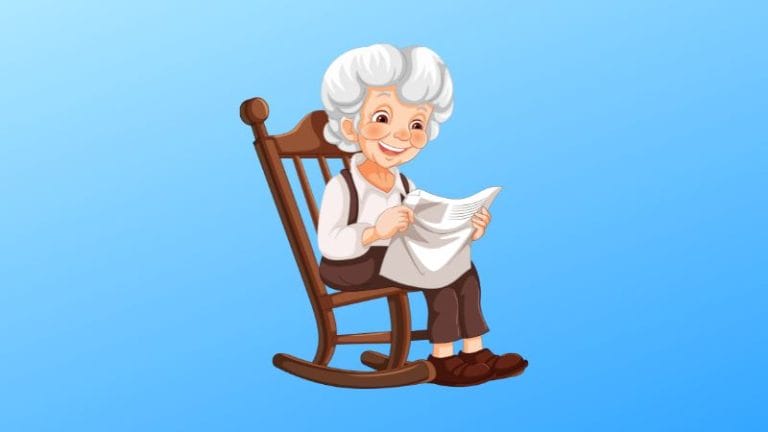 An elderly person with white hair sits in a rocking chair, cross-stitching a white fabric against a blue background, reminiscent of the serene nights in "Goodnight Moon.