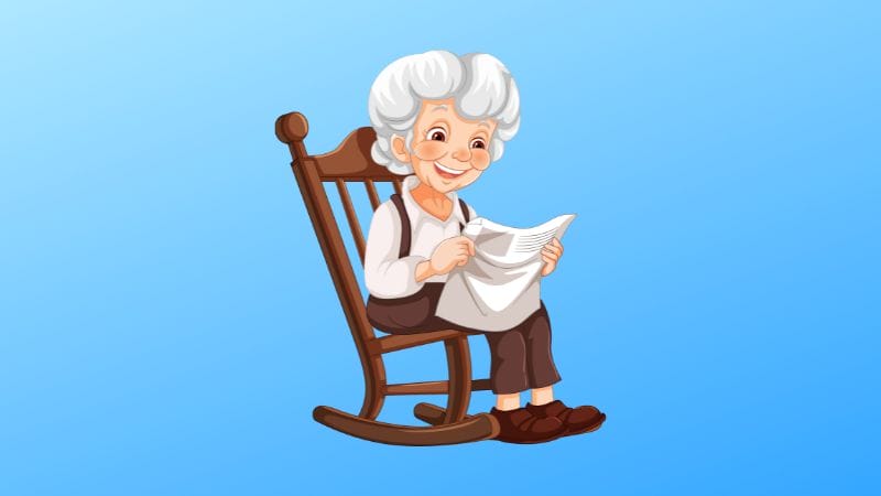 An elderly person with white hair sits in a rocking chair, cross-stitching a white fabric against a blue background, reminiscent of the serene nights in "Goodnight Moon.