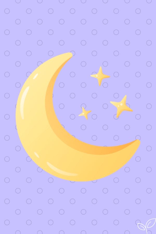 Illustration of a yellow crescent moon and three stars on a light purple background with dotted pattern, reminiscent of the whimsical charm found in "Goodnight Moon" lesson plans.