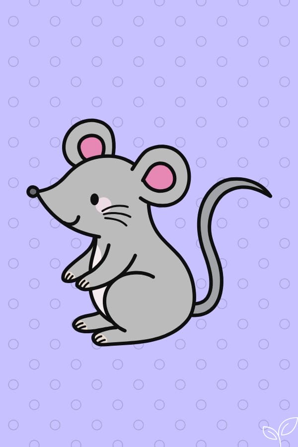 Illustration of a cartoon gray mouse with pink ear lining, sitting upright against a purple polka dot background, reminiscent of cozy bedtime stories like "Goodnight Moon.