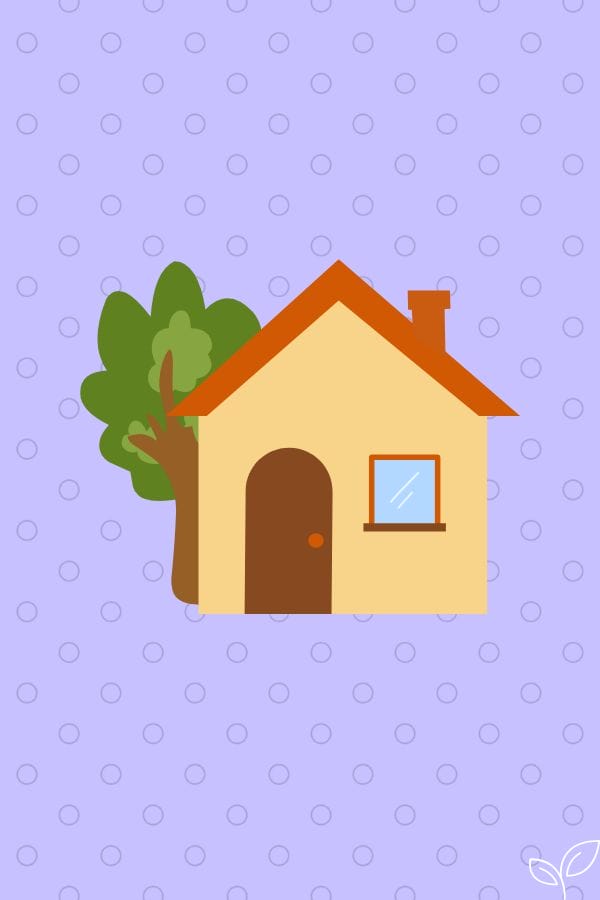 An imaginative illustration of a small house with an orange roof and a tree beside it, set against a purple background with dotted patterns, reminiscent of whimsical storybook settings from beloved tales like "Goodnight Moon.
