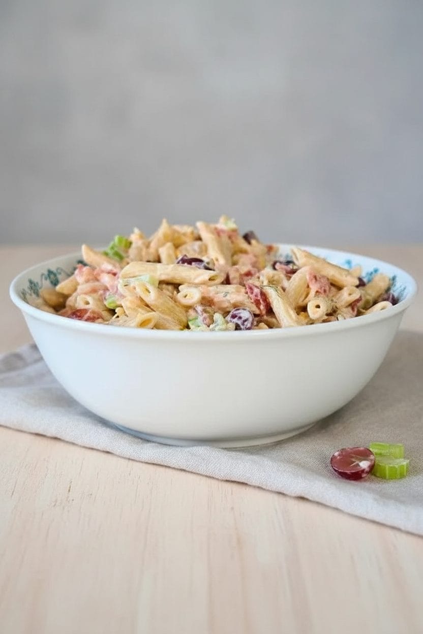 A white bowl filled with Ranch Tuna Pasta Salad featuring creamy penne pasta, chopped vegetables, and sliced grapes, placed on a light-colored cloth and wooden surface.