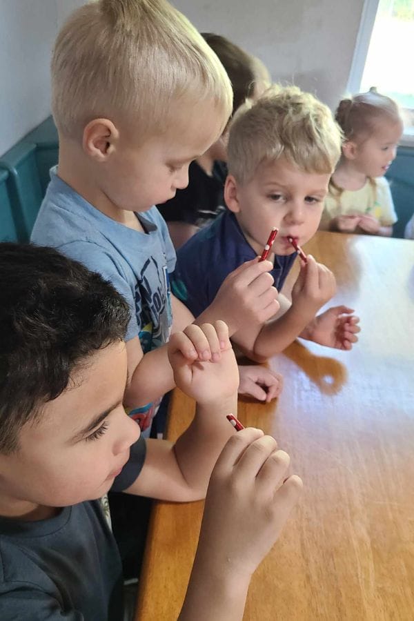 Four young children sit at a wooden table, each holding a small red and white item to their mouths as if blowing or examining them—perhaps participating in a hands-on activity from lesson plans on bees.