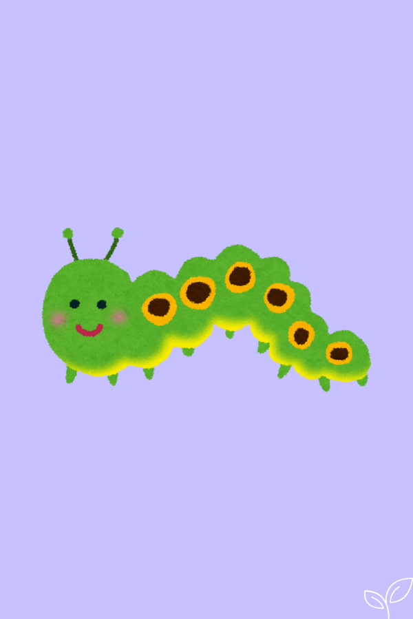 Illustration of a smiling Hungry Caterpillar with black and yellow spots on its back, set against a light purple background.
