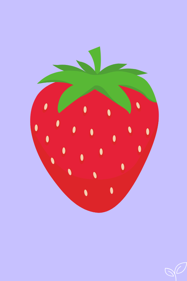 Simple digital illustration of a red strawberry with green leaves on a light purple background, inspired by the beloved Hungry Caterpillar.