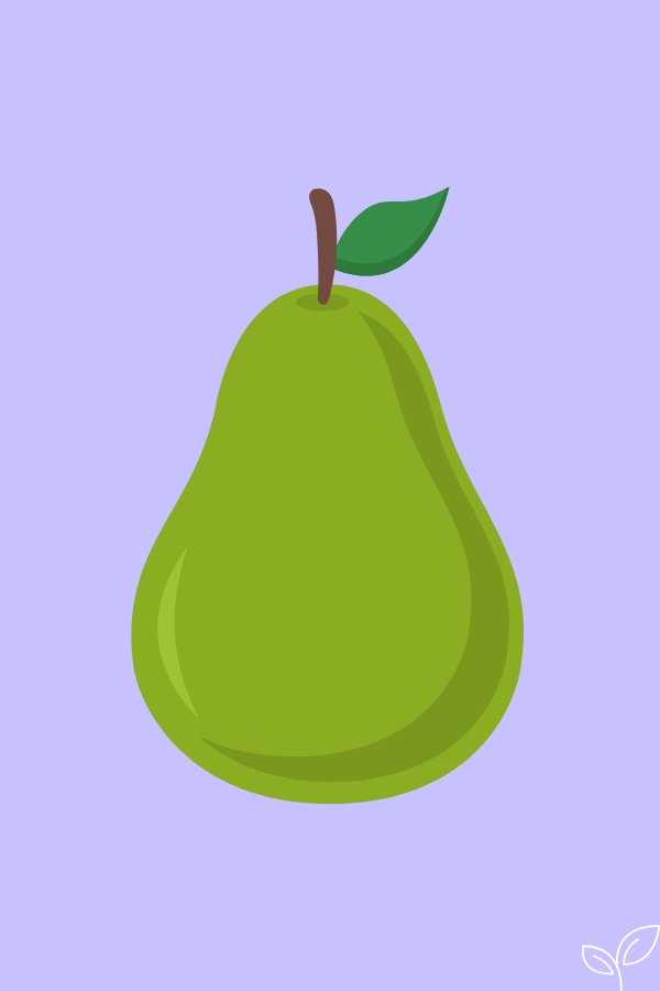 Illustration of a green pear with a brown stem and a green leaf, inspired by the Hungry Caterpillar, on a light purple background.