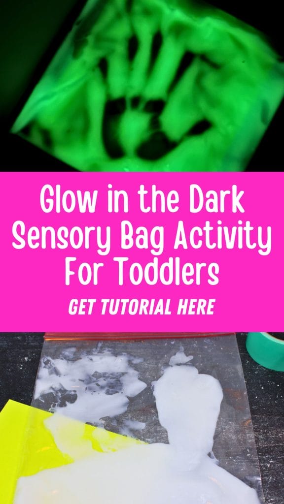 Glow in the Dark Sensory Bag activity for toddlers, featuring a glowing handprint above and sensory materials below, with liquid sealed inside a plastic bag for safe, hands-on play.