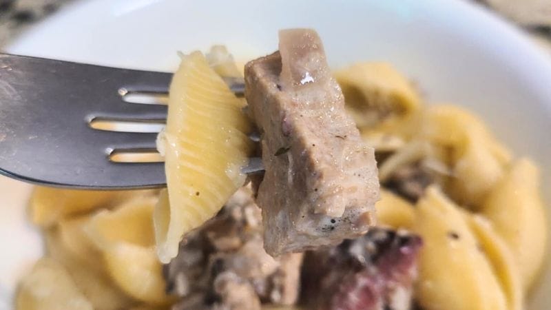 A fork holding a piece of cooked meat and a shell pasta hovers above a bowl of Leftover Brisket Pasta with Mushrooms, featuring tender meat and sauce.
