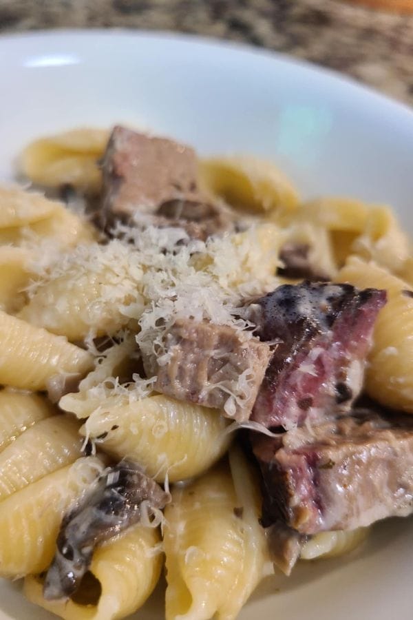A bowl of shell pasta topped with grated cheese and chunks of leftover brisket, served with a creamy mushroom sauce—perfect for transforming leftovers into a delicious Leftover Brisket Pasta with Mushrooms.