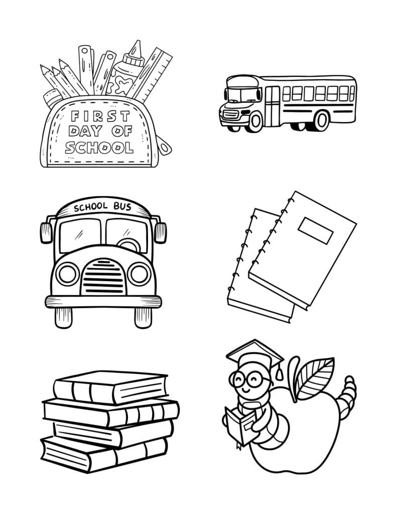 Black and white line drawings of school supplies, a school bus, notebooks, stacked books, and a cartoon bookworm wearing a graduation cap—perfect for creating your own School Shrinky Dink designs.
