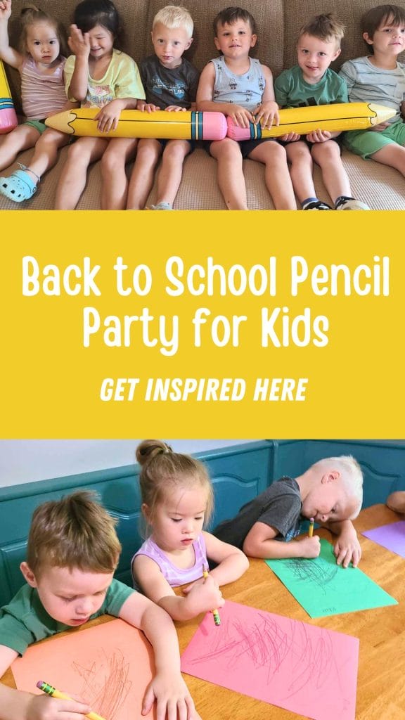 Five young children sit on a couch holding a large pencil prop; below, kids color on paper at a table. Text reads: "Back to School Pencil Party for Kids. Get Inspired Here." Join the fun and celebrate with a creative Pencil Party!.