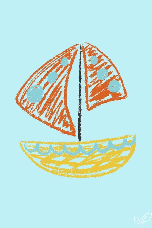 A simple crayon drawing of a yellow sailboat with an orange sail featuring blue dots, set against a light blue background, inspired by the whimsical style of Where the Wild Things Are.