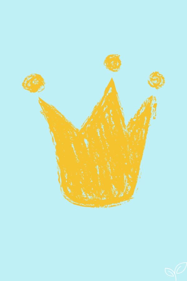 A simple yellow crown with three points and circles on top, drawn in a crayon style reminiscent of Where the Wild Things Are, sits on a light blue background.